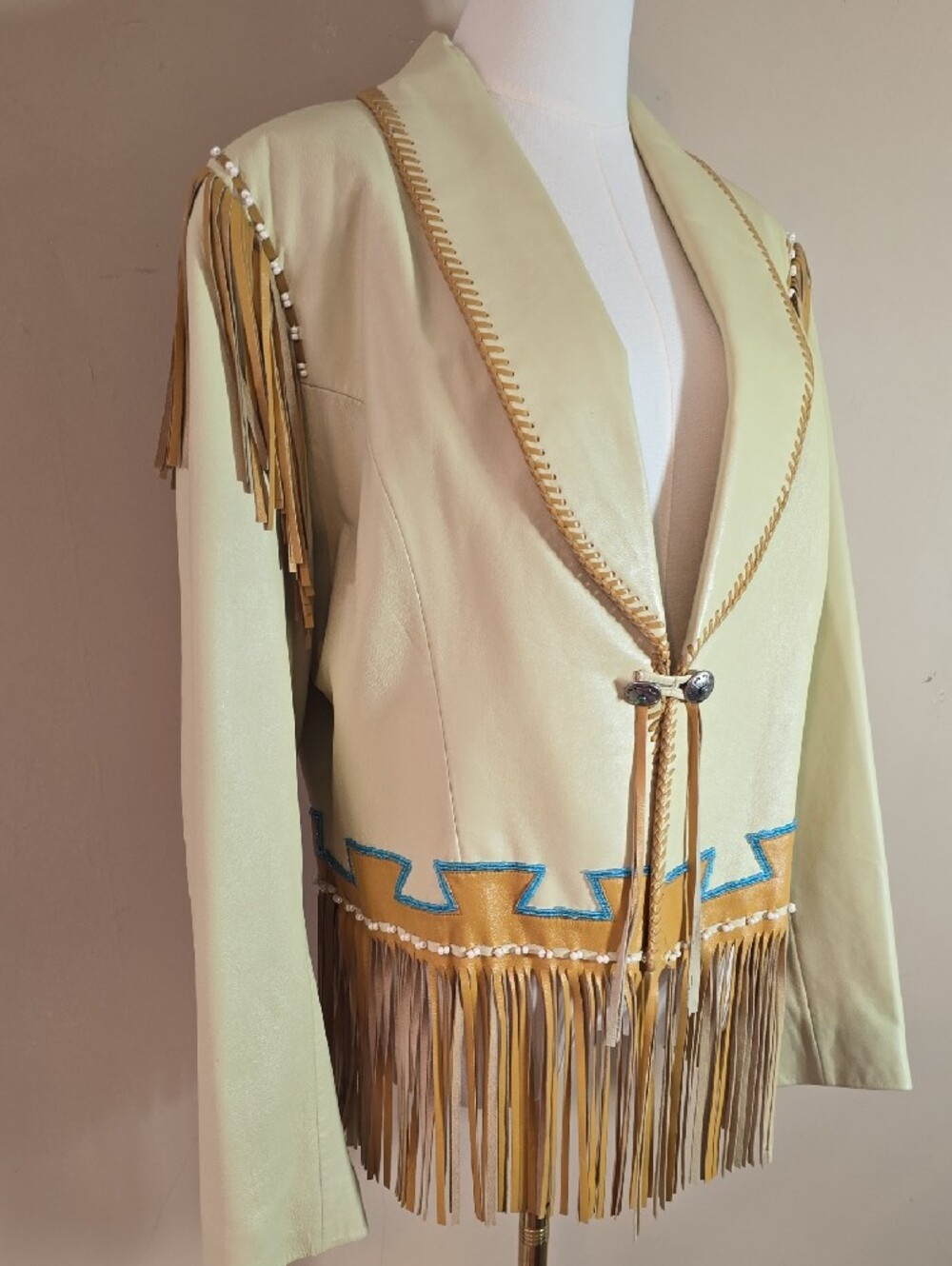 Fringed Pale Yellow Faux Leather Jacket with Turquoise Trim - Picture 4 of 15